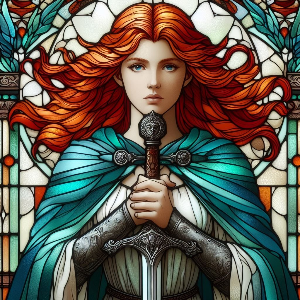 stained glass image of a young red haired woman in a long turquoise robe holding a sword